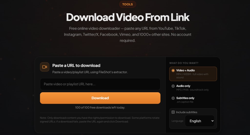 FileShot video downloader — paste a URL to download MP4