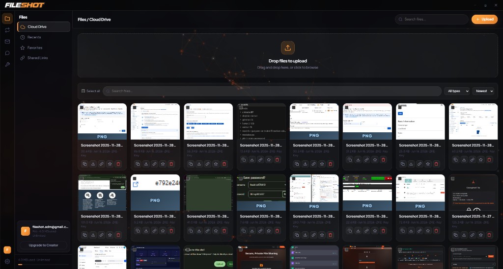 FileShot Desktop — cloud drive with drag-and-drop uploads and file gallery